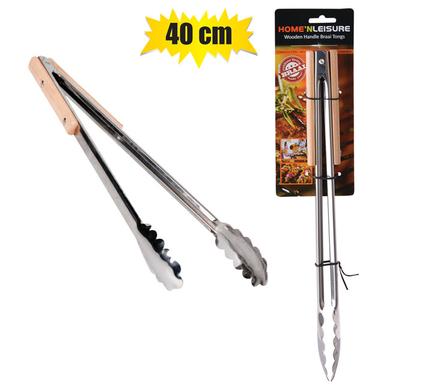 BRAAI TONGS STAINLESS STEEL 40cm WOODEN HANDLE